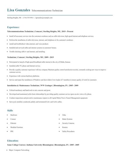 Telecommunications Technician Resume