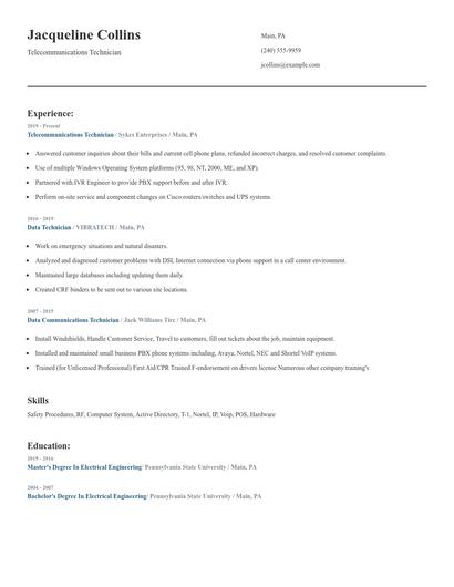 Telecommunications Technician Resume