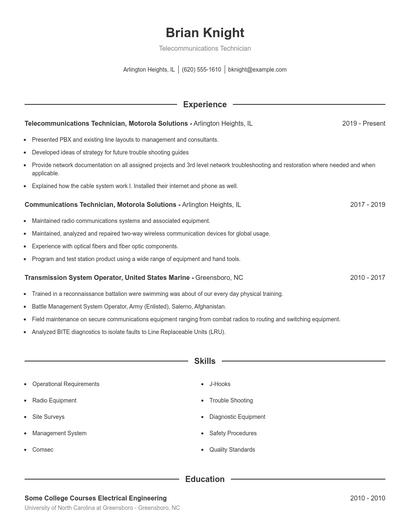 Telecommunications Technician Resume