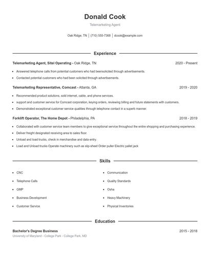 Telemarketing Agent Resume