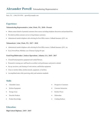Telemarketing Representative Resume