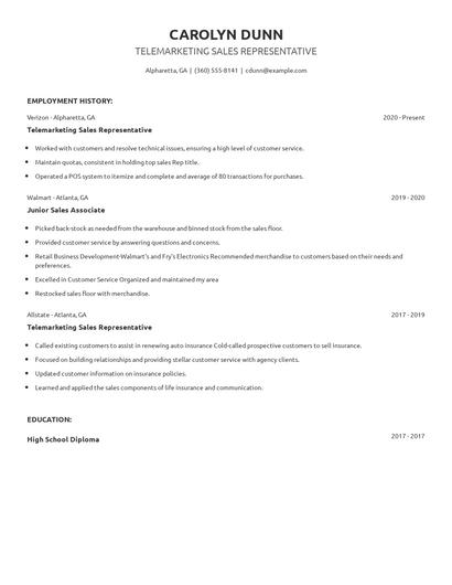 Telemarketing Sales Representative Resume