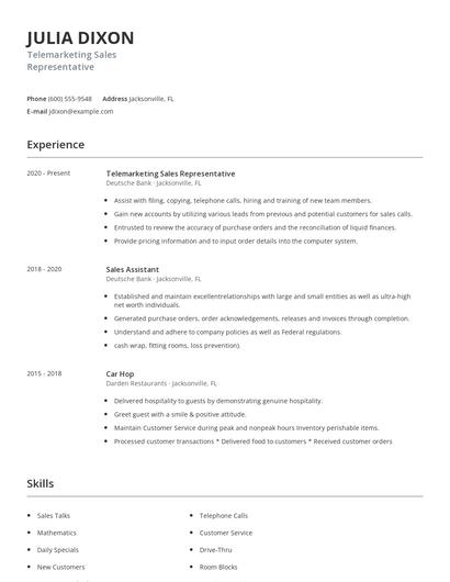 Telemarketing Sales Representative Resume