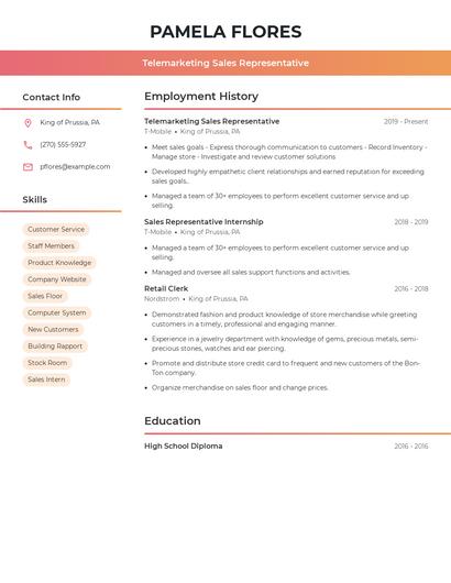 Telemarketing Sales Representative Resume