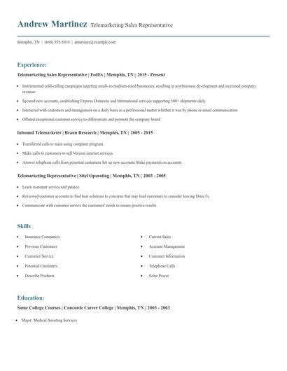 Telemarketing Sales Representative Resume