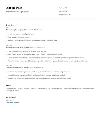 Telemarketing Sales Representative Resume