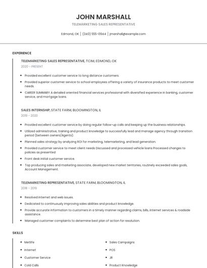 Telemarketing Sales Representative Resume