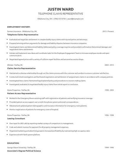 Telephone Claims Representative Resume
