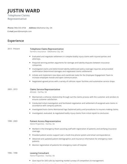 Telephone Claims Representative Resume