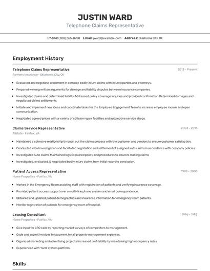 Telephone Claims Representative Resume