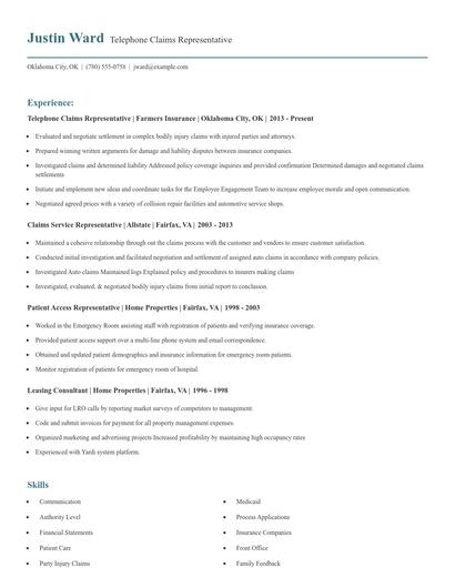 Telephone Claims Representative Resume