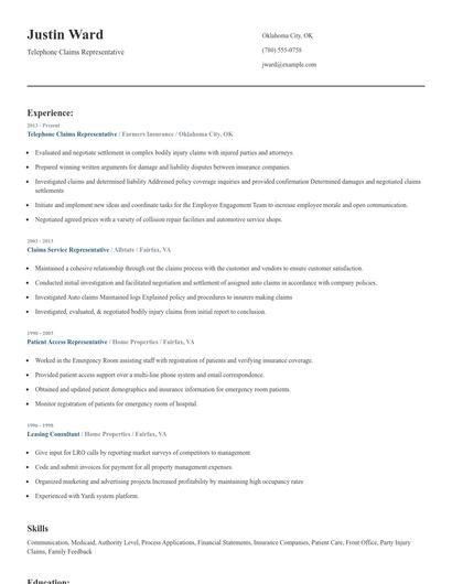 Telephone Claims Representative Resume