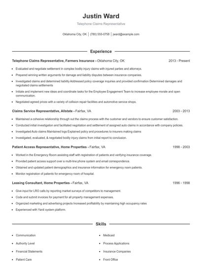 Telephone Claims Representative Resume