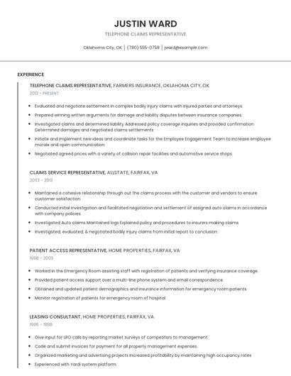 Telephone Claims Representative Resume