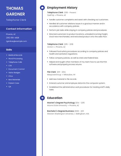 Telephone Clerk Resume