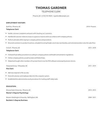 Telephone Clerk Resume