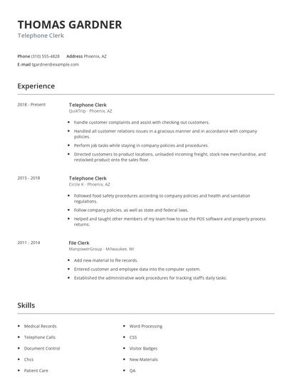 Telephone Clerk Resume