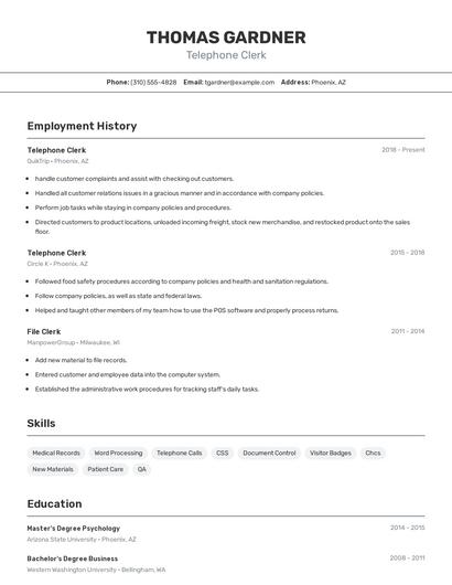 Telephone Clerk Resume
