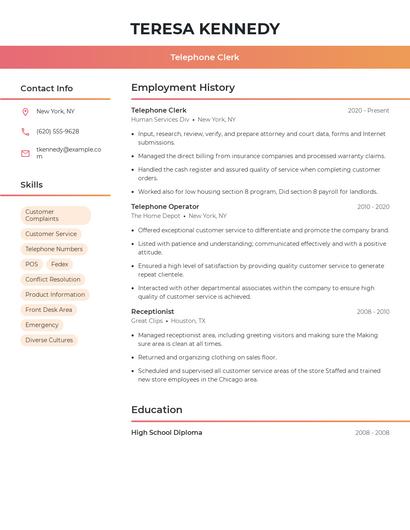 Telephone Clerk Resume