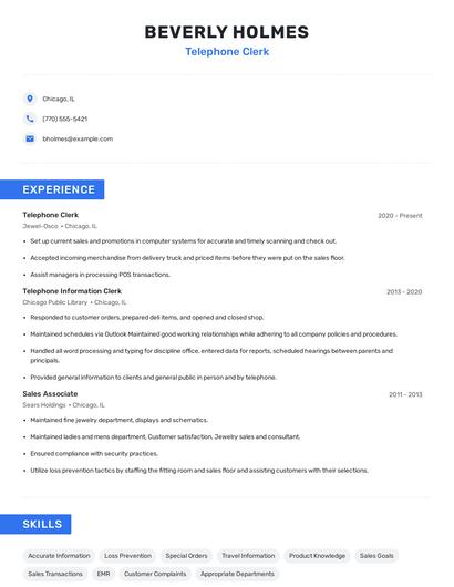 Telephone Clerk Resume
