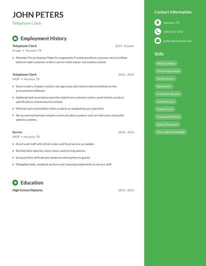 Telephone Clerk Resume