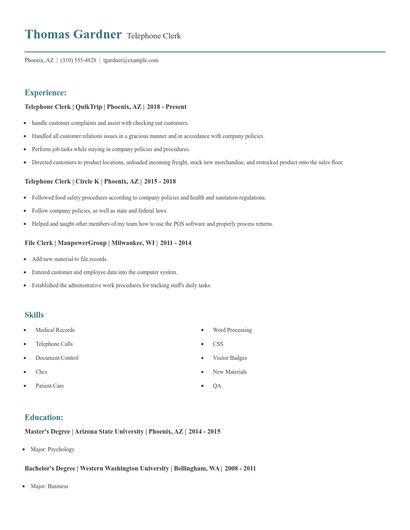 Telephone Clerk Resume