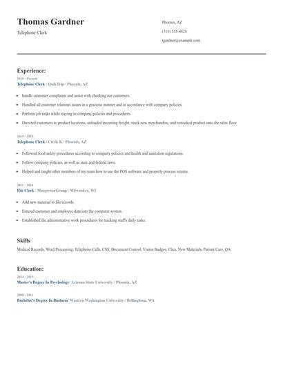 Telephone Clerk Resume