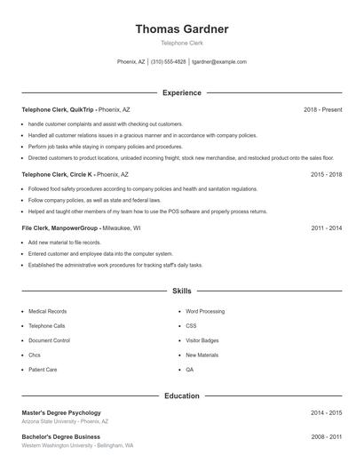 Telephone Clerk Resume