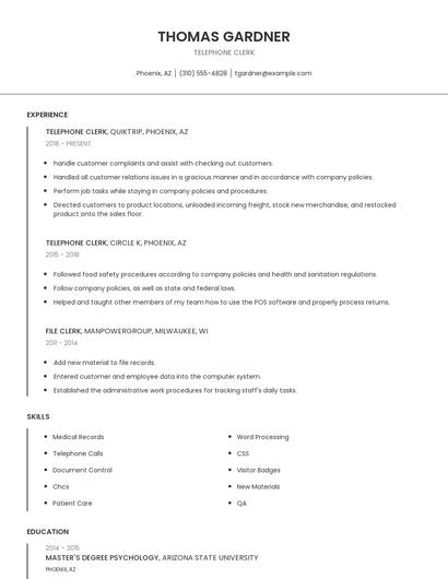 Telephone Clerk Resume
