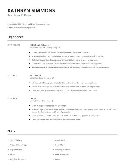 Telephone Collector Resume