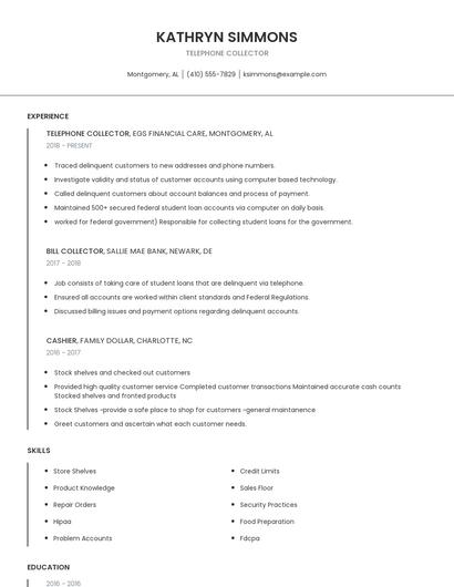 Telephone Collector Resume