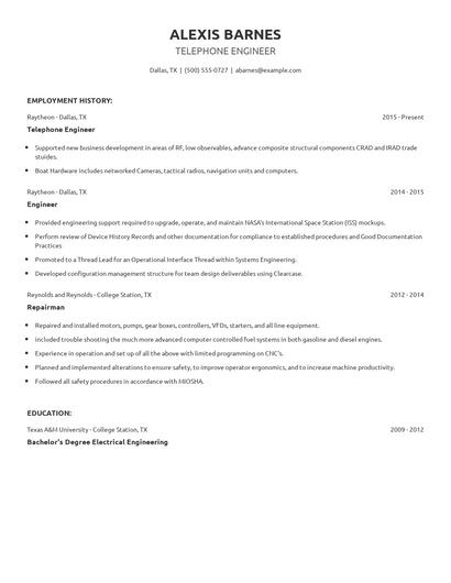 Telephone Engineer Resume