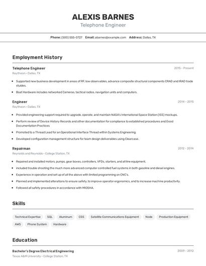 Telephone Engineer Resume
