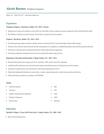 Telephone Engineer Resume