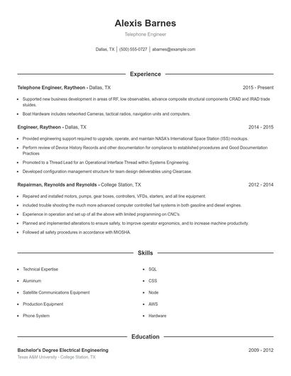 Telephone Engineer Resume