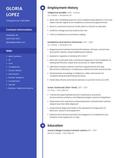 Telephone Installer Resume