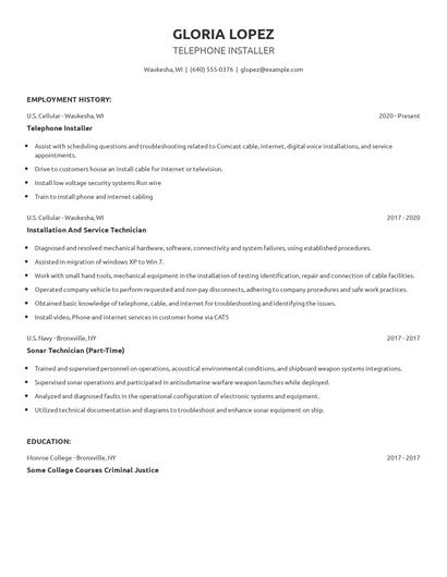 Telephone Installer Resume