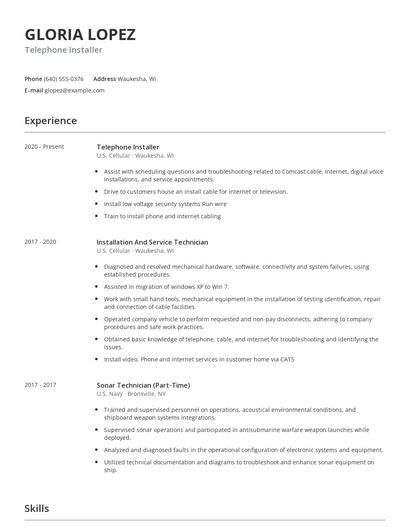 Telephone Installer Resume
