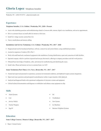 Telephone Installer Resume