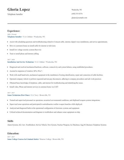 Telephone Installer Resume