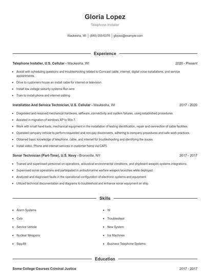 Telephone Installer Resume