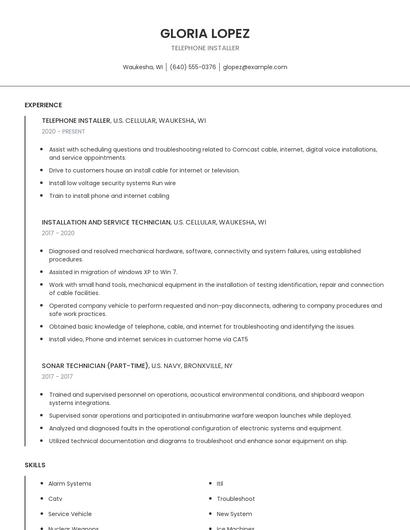 Telephone Installer Resume