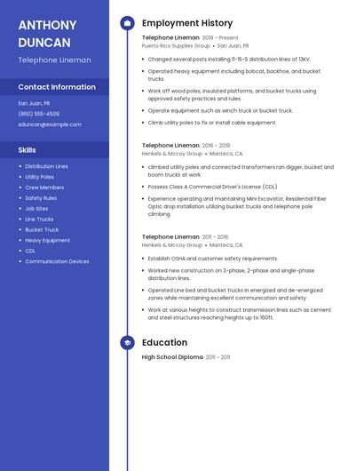 Telephone Lineman Resume