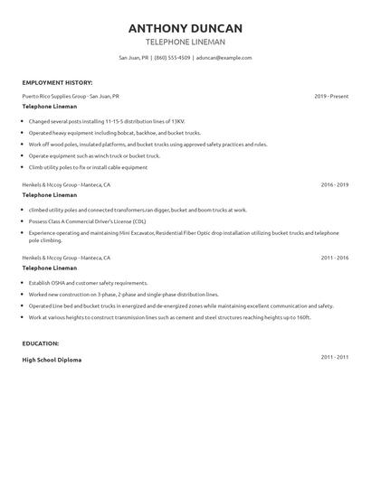 Telephone Lineman Resume