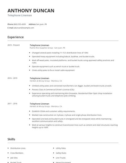 Telephone Lineman Resume