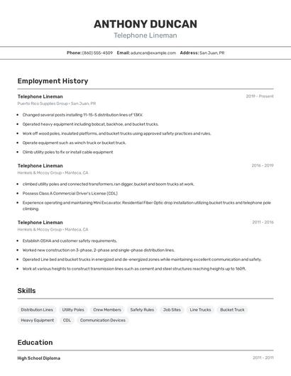 Telephone Lineman Resume