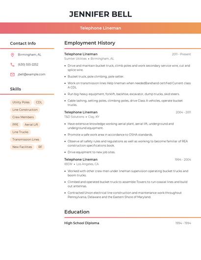 Telephone Lineman Resume