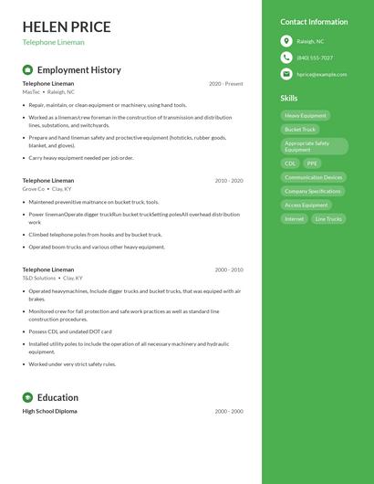 Telephone Lineman Resume