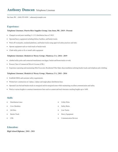 Telephone Lineman Resume