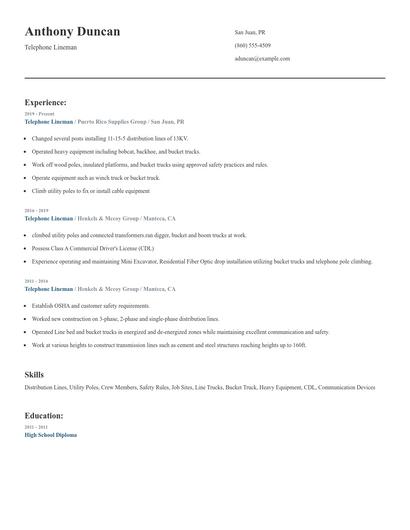 Telephone Lineman Resume
